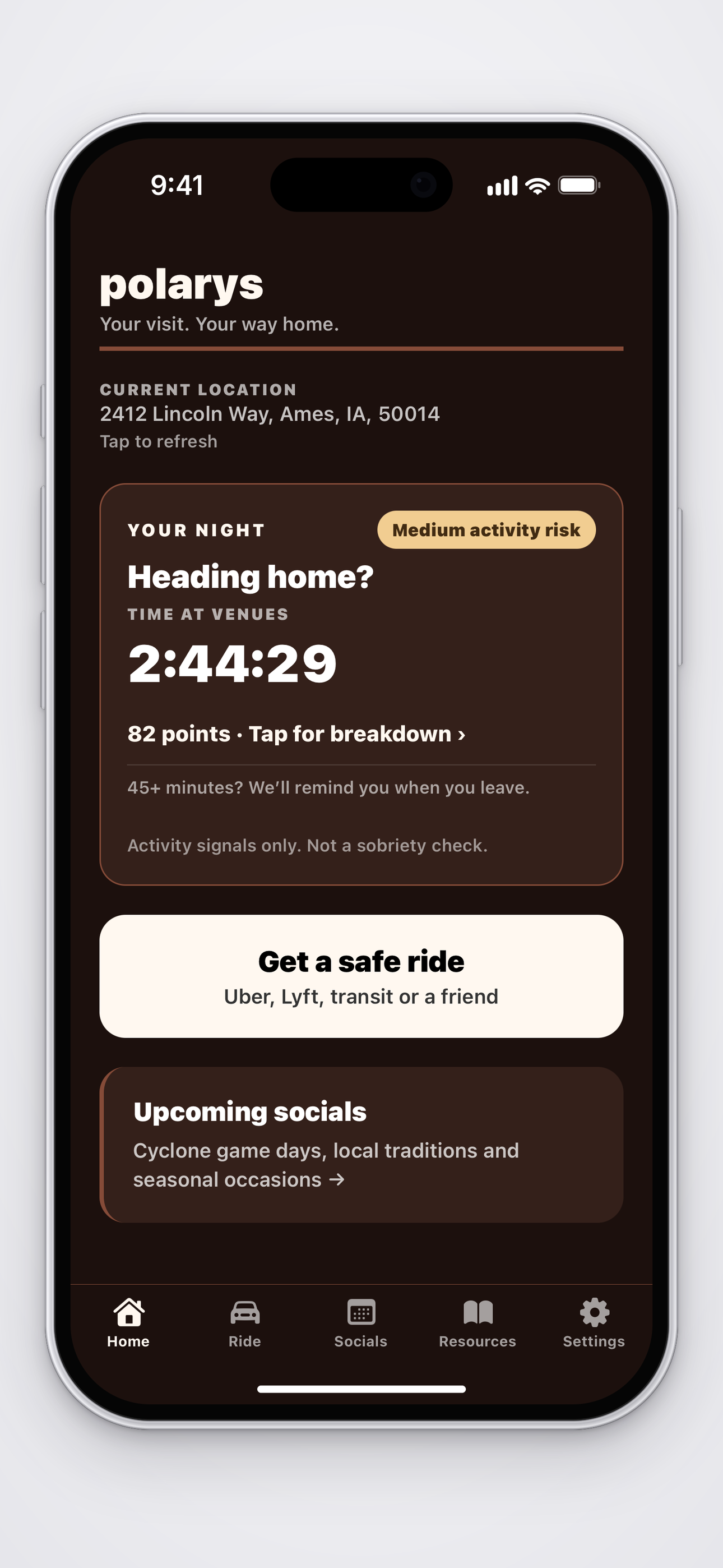 Polarys home screen showing venue time and the Get a safe ride button