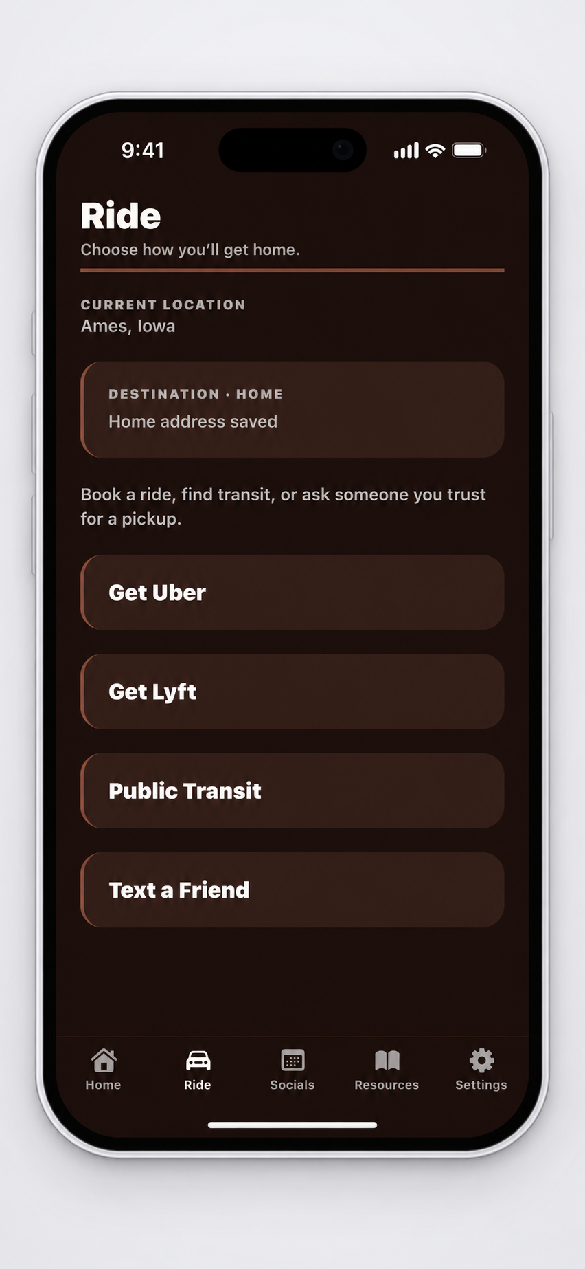 Ride screen with Uber, Lyft, Public Transit and Text a Friend