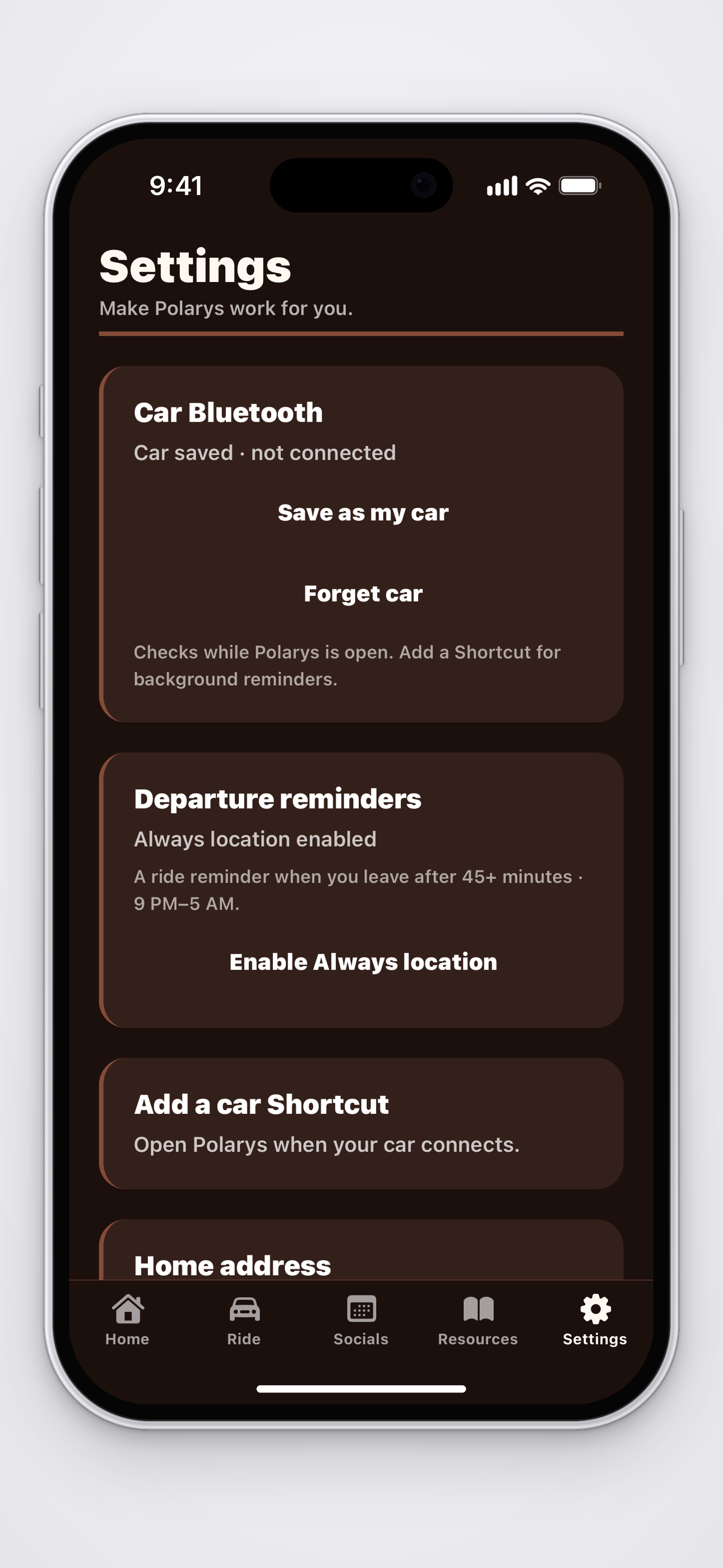 Settings screen with departure reminders and car Shortcut setup