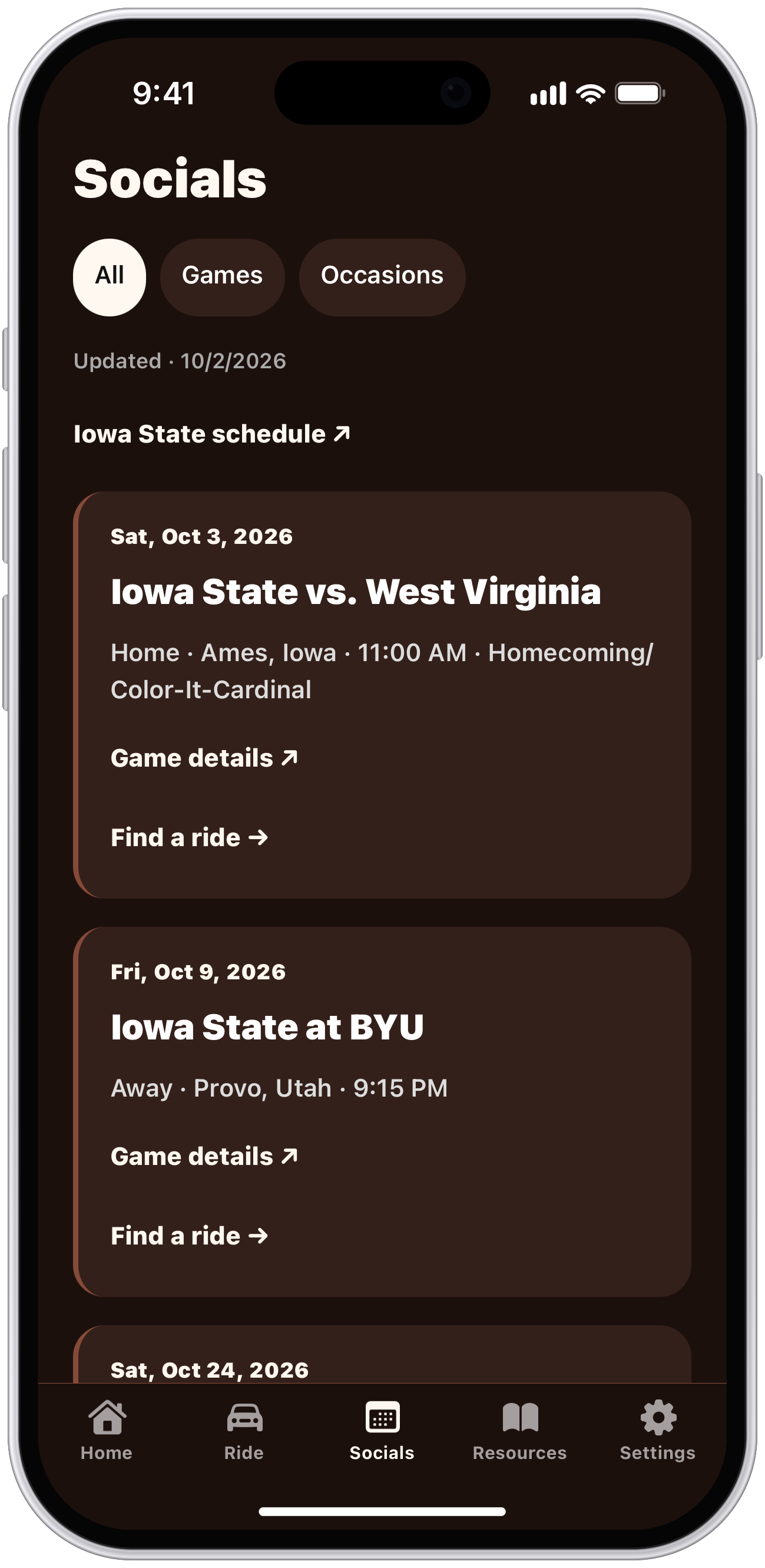 Socials screen showing the Iowa State game schedule